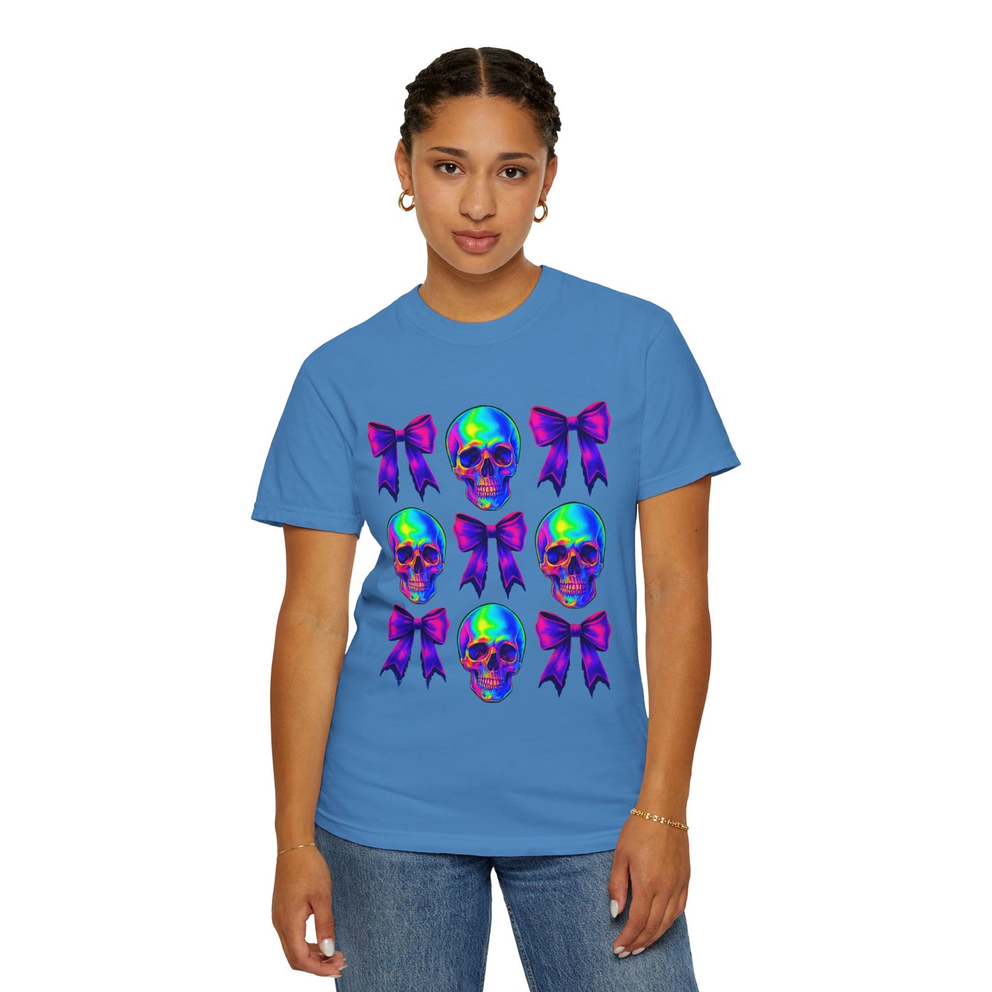 Neon Skull and Bow Unisex T-Shirt | Trendy Graphic Tee for Halloween, Festivals, Casual Wear, Gifts