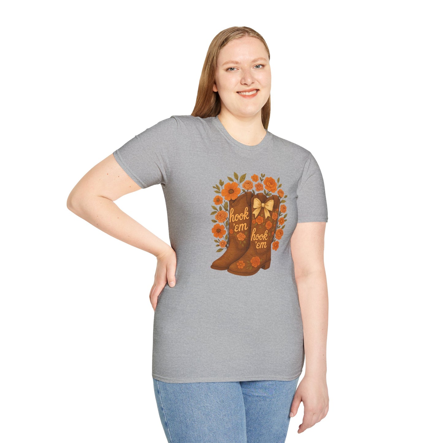 Tx Hook Em Floral Cowboy Boot T-Shirt, Hook 'Em Tee, Autumn Apparel, Country Style, Gift for Her, tx longhorns, texas fan gift, hook em horns, graduation gift, college student gift