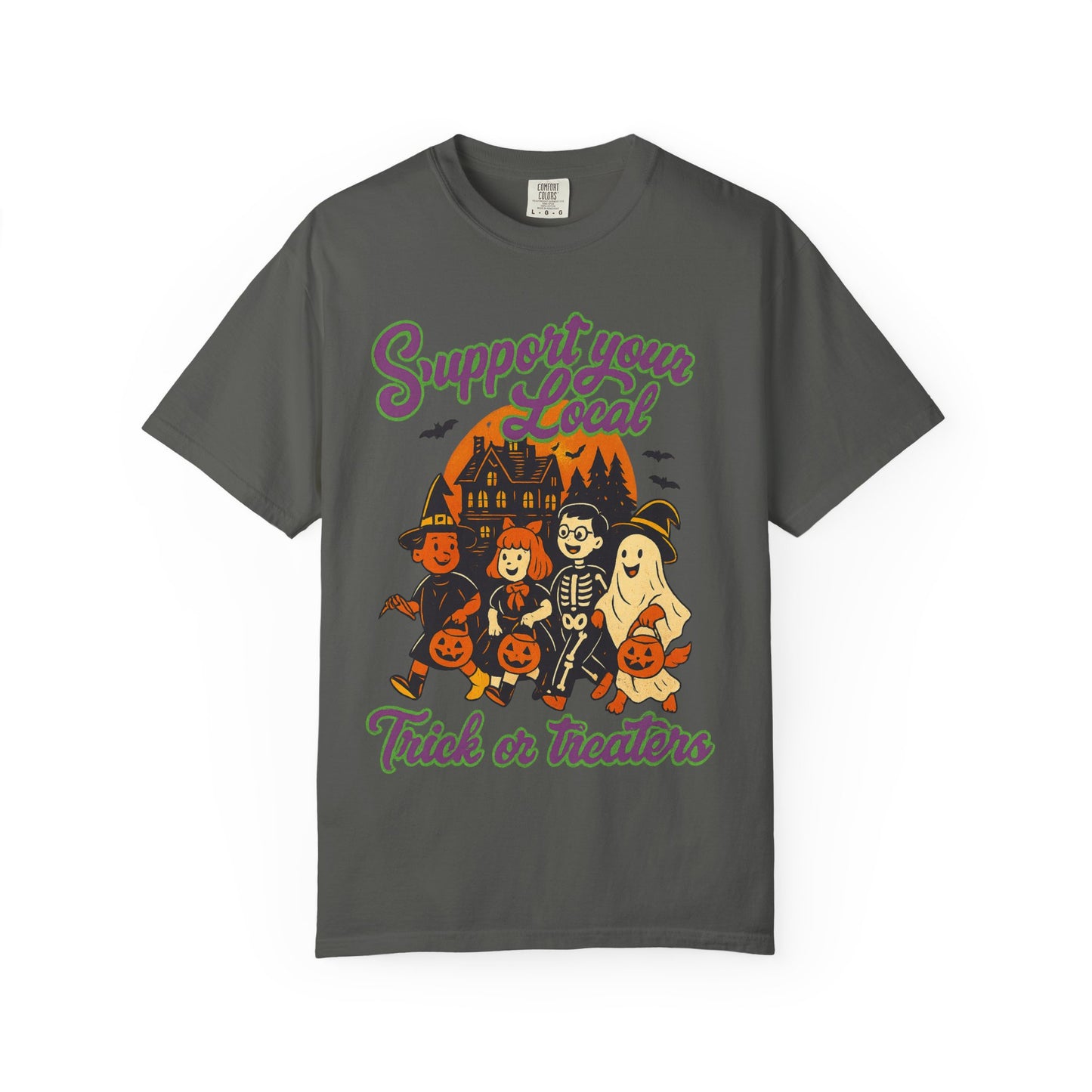 Halloween Support T-Shirt, Youth Trick or Treat Shirt, Garment-Dyed Tee for Kids, Spooky Season Apparel, Holiday Party Top, Fun Costume Wear