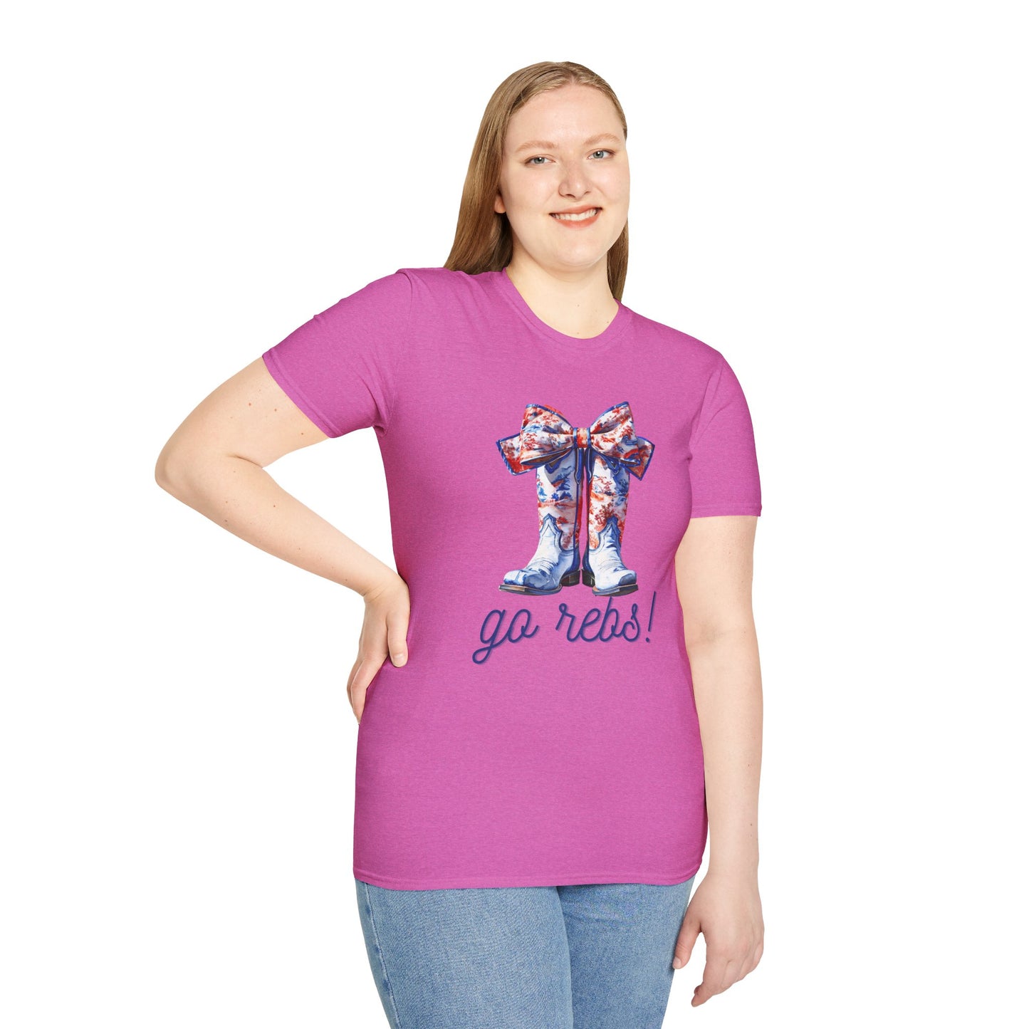 , go Rebs Cheerful Unisex Softstyle T-Shirt with Bow Design | Gift for Sports Fans, Casual Wear, Team Spirit, Game Day Shirt, Cheerleading Top