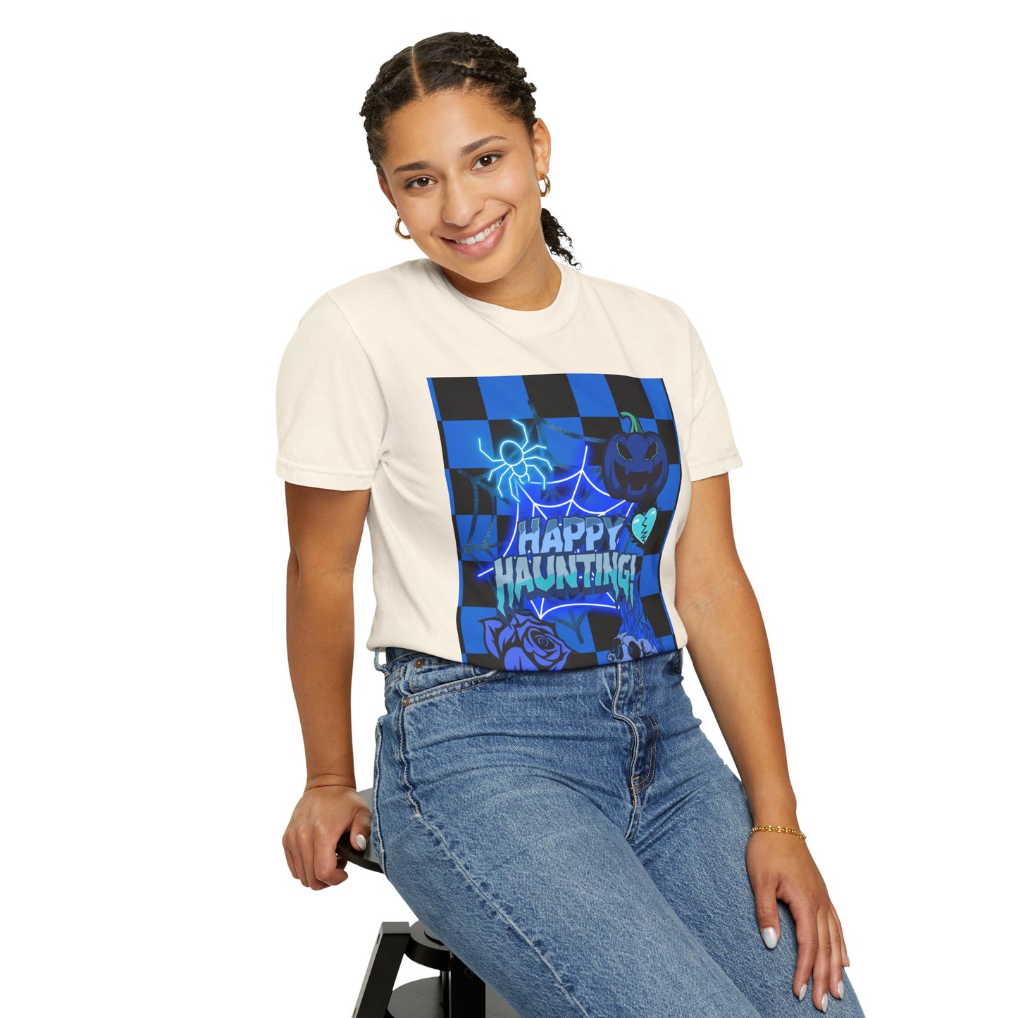 Happy Haunting Unisex Garment-Dyed T-shirt, Halloween Tee, Spooky Shirt, Fall Fashion, Casual Wear, Pumpkin Fest