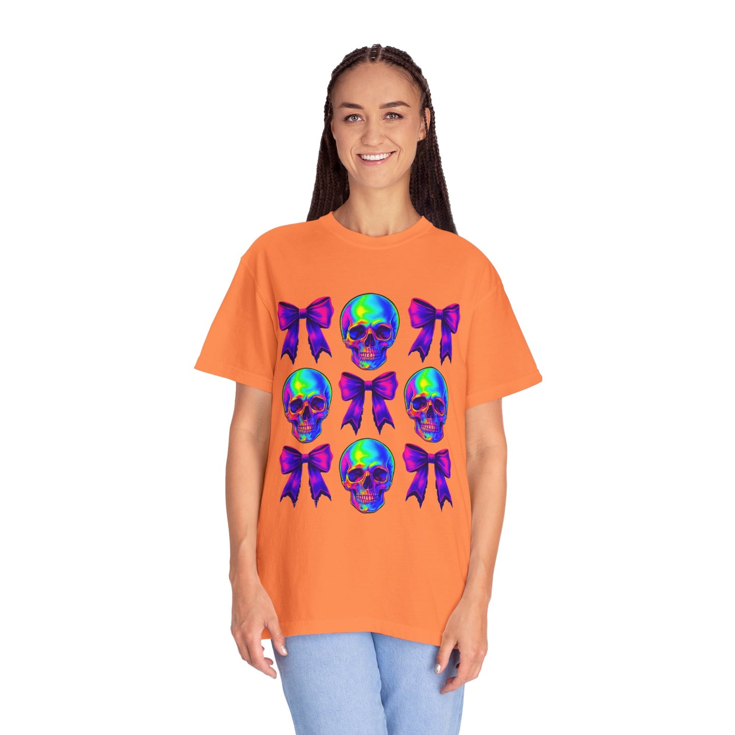 Neon Skull and Bow Unisex T-Shirt | Trendy Graphic Tee for Halloween, Festivals, Casual Wear, Gifts