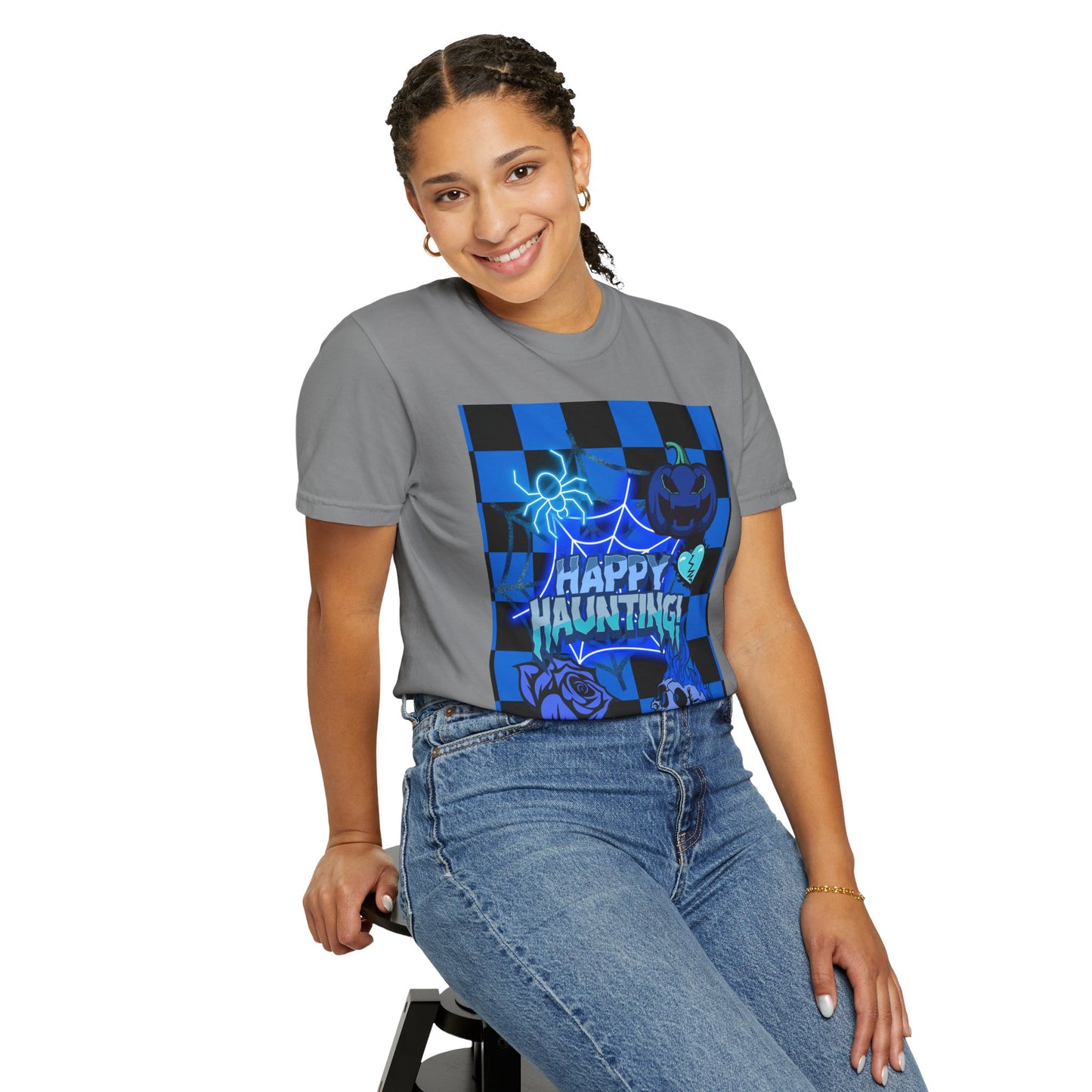 Happy Haunting Unisex Garment-Dyed T-shirt, Halloween Tee, Spooky Shirt, Fall Fashion, Casual Wear, Pumpkin Fest