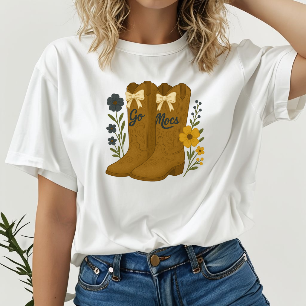 Chatt Mocs Coquette Cowgirl Boot Floral T-Shirt - Go Mocs Design, Casual Wear, Gift for Cowgirls, Western Style, Country Fan Clothing, Go Mocs, chatt tn game day, graduation gift