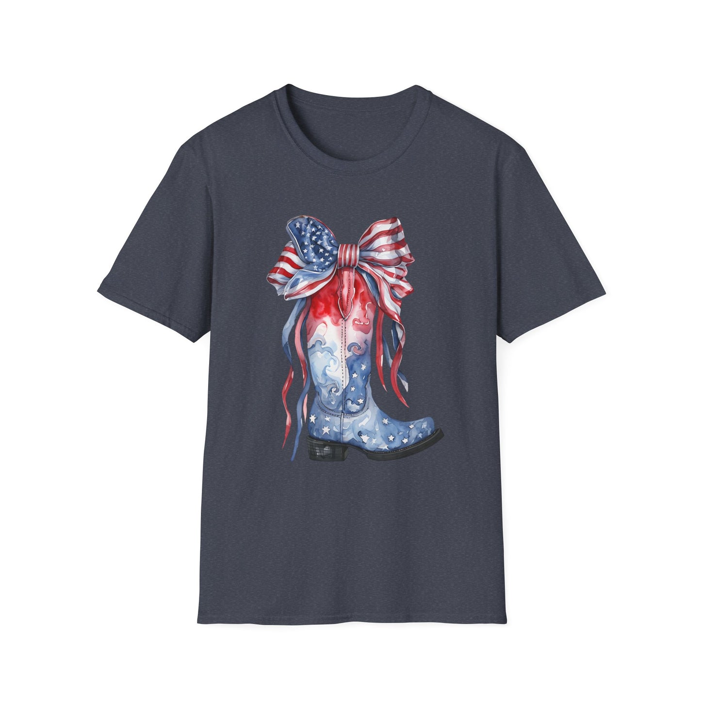 Patriotic Cowboy Boot T-Shirt | Unisex Softstyle Tee for Independence Day