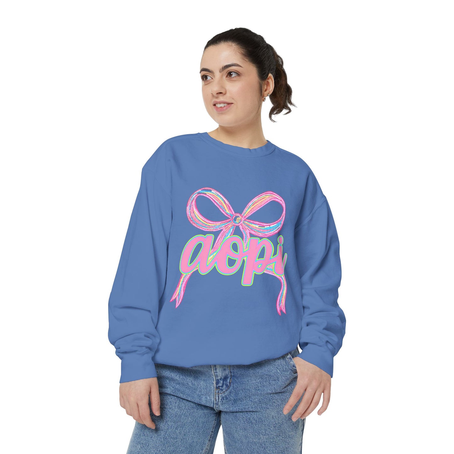 Pastel Bow Sweatshirt with aopi Design, Cozy Unisex Sweatshirt, Gift for Sorority Sisters, Casual Chic Apparel, Best Friend Outfit