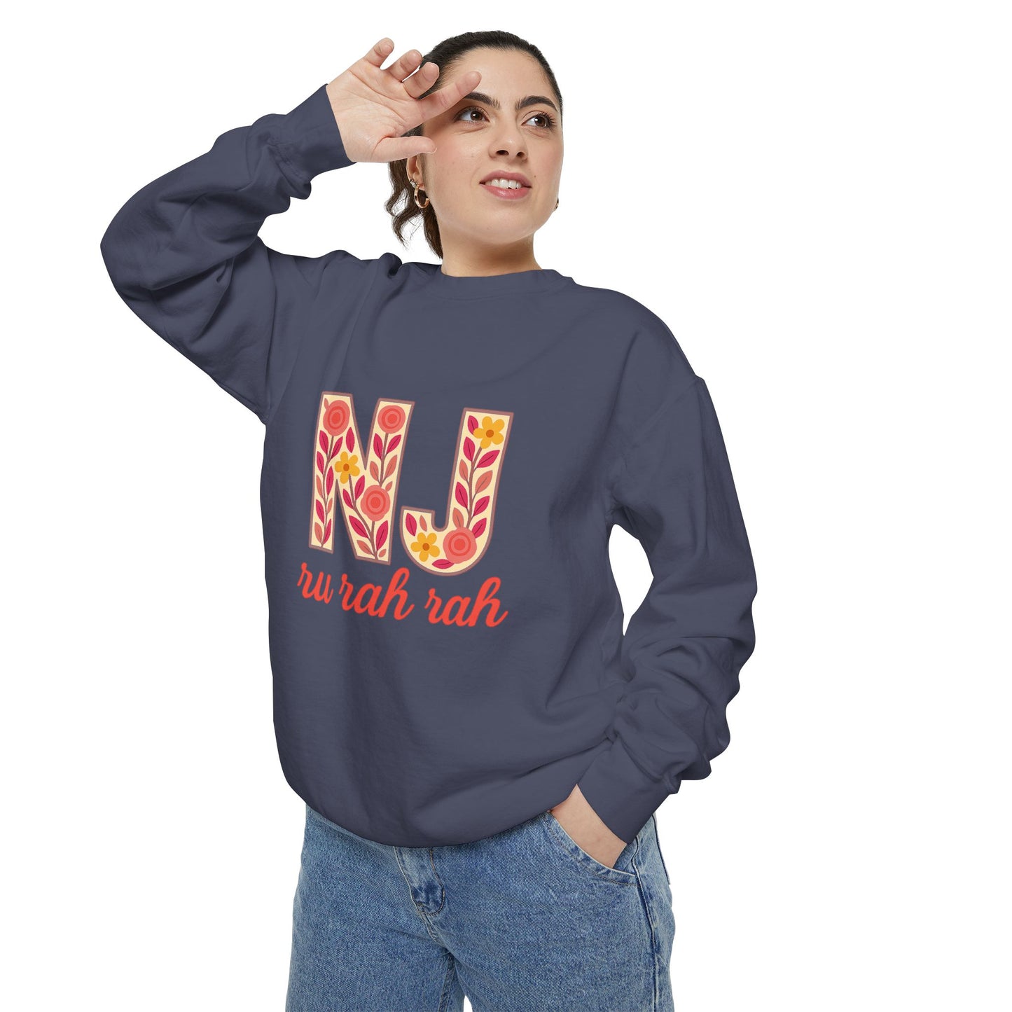 Cheerful NJ Garment-Dyed Sweatshirt, Cozy Unisex Pullover for School Spirit, Fall Fashion, Gift for College Students, Relaxed Fit