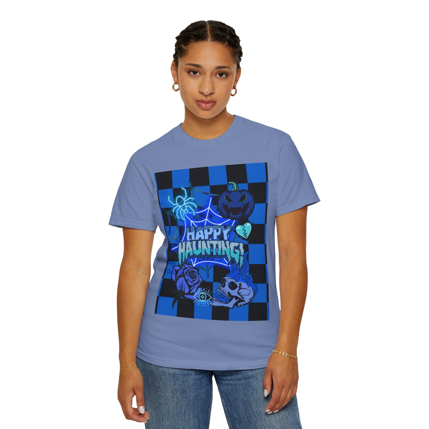 Happy Haunting Unisex Garment-Dyed T-shirt, Halloween Tee, Spooky Shirt, Fall Fashion, Casual Wear, Pumpkin Fest