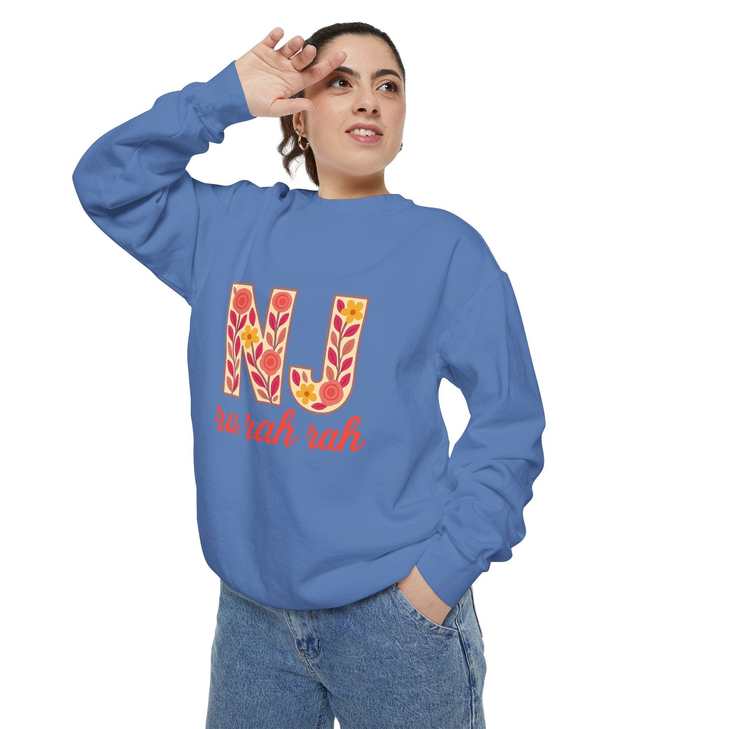 Cheerful NJ Garment-Dyed Sweatshirt, Cozy Unisex Pullover for School Spirit, Fall Fashion, Gift for College Students, Relaxed Fit