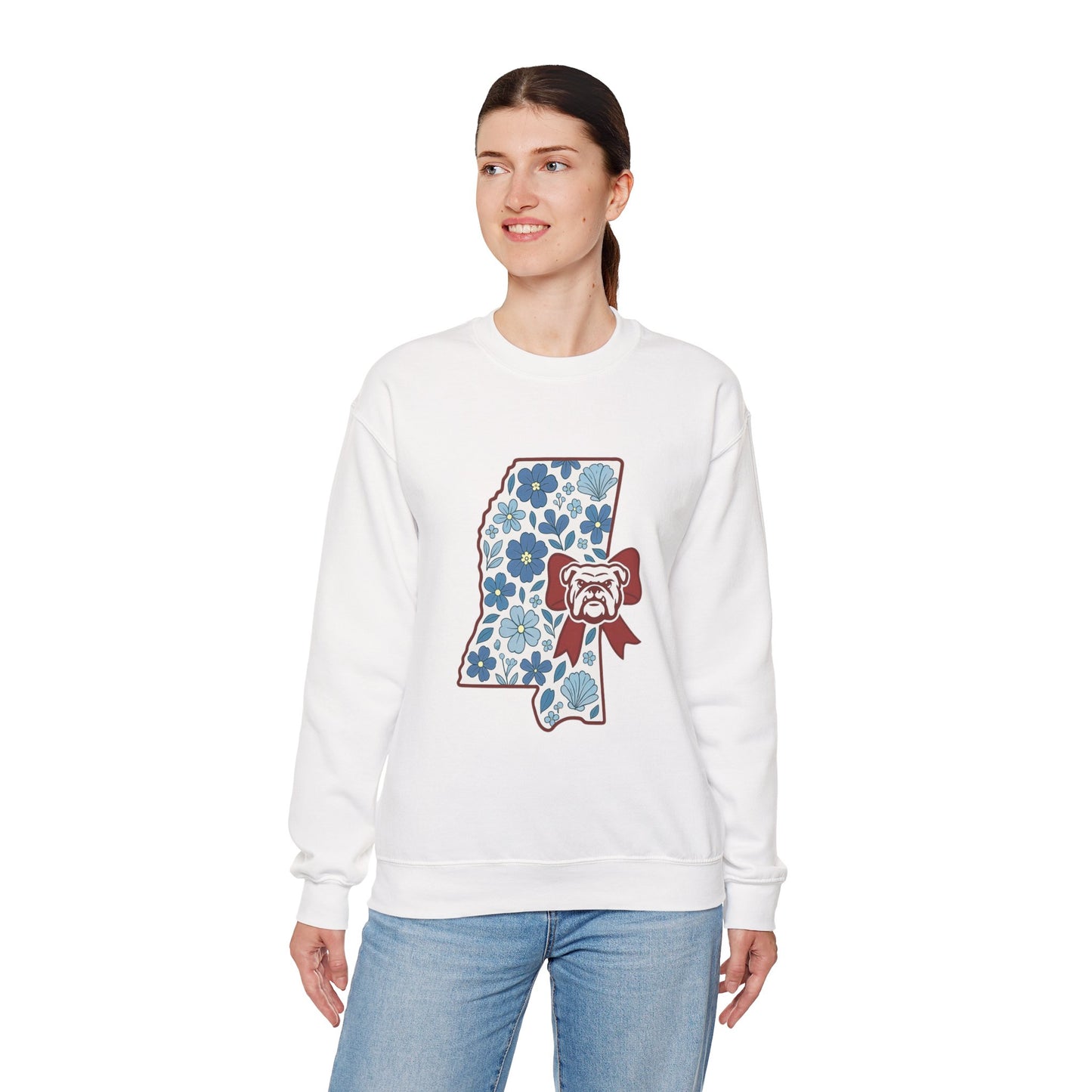 Mississippi Flower Bulldog Crewneck Sweatshirt, Cozy Sweatshirt for Fall, Gift for Dog Lovers, College Apparel, Casual Fashion