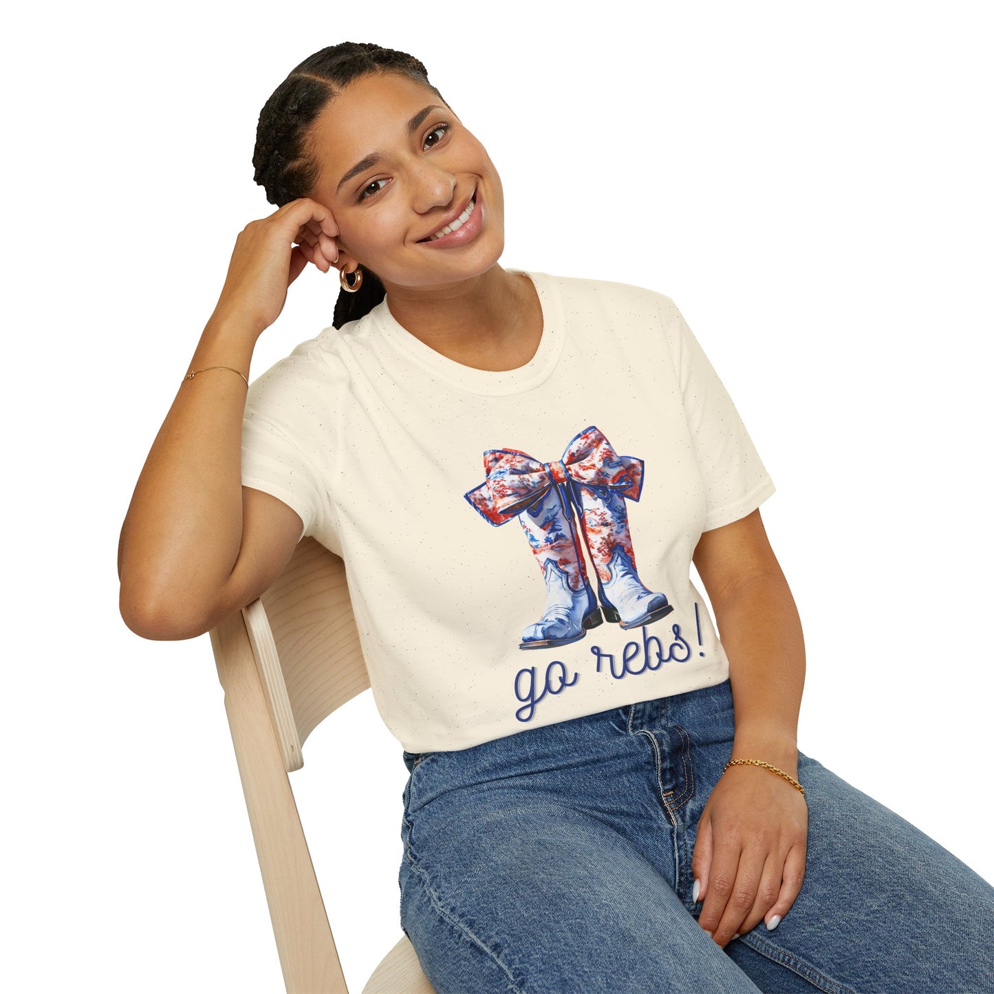 , go Rebs Cheerful Unisex Softstyle T-Shirt with Bow Design | Gift for Sports Fans, Casual Wear, Team Spirit, Game Day Shirt, Cheerleading Top