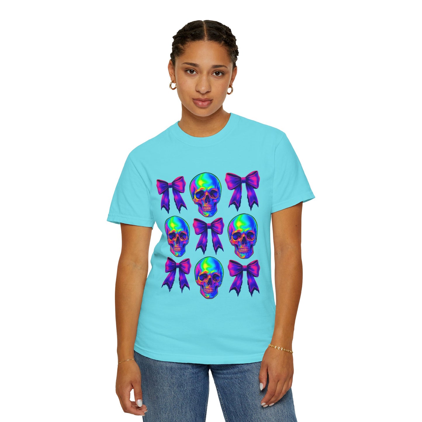 Neon Skull and Bow Unisex T-Shirt | Trendy Graphic Tee for Halloween, Festivals, Casual Wear, Gifts