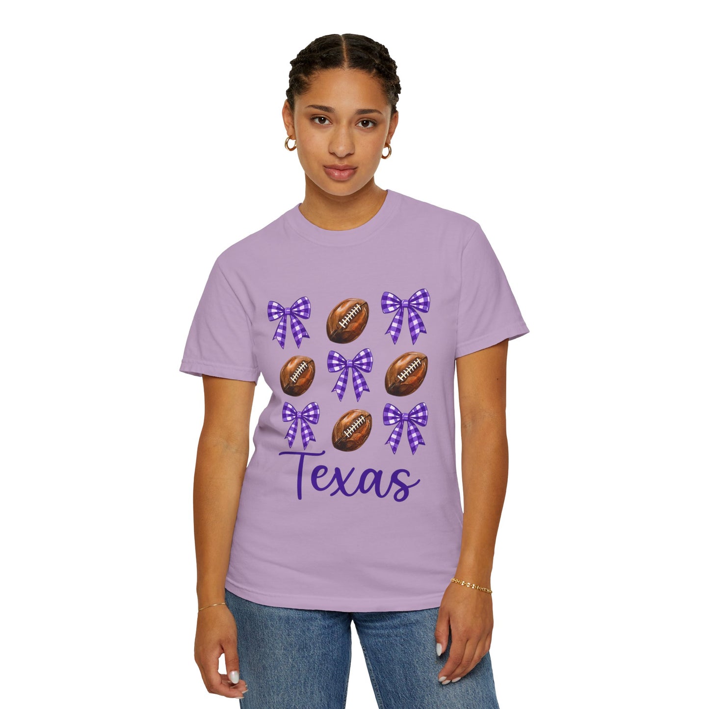 Texas Football Unisex T-Shirt with Purple Bows - Game Day Sports Apparel for Horned Frogs Fans
