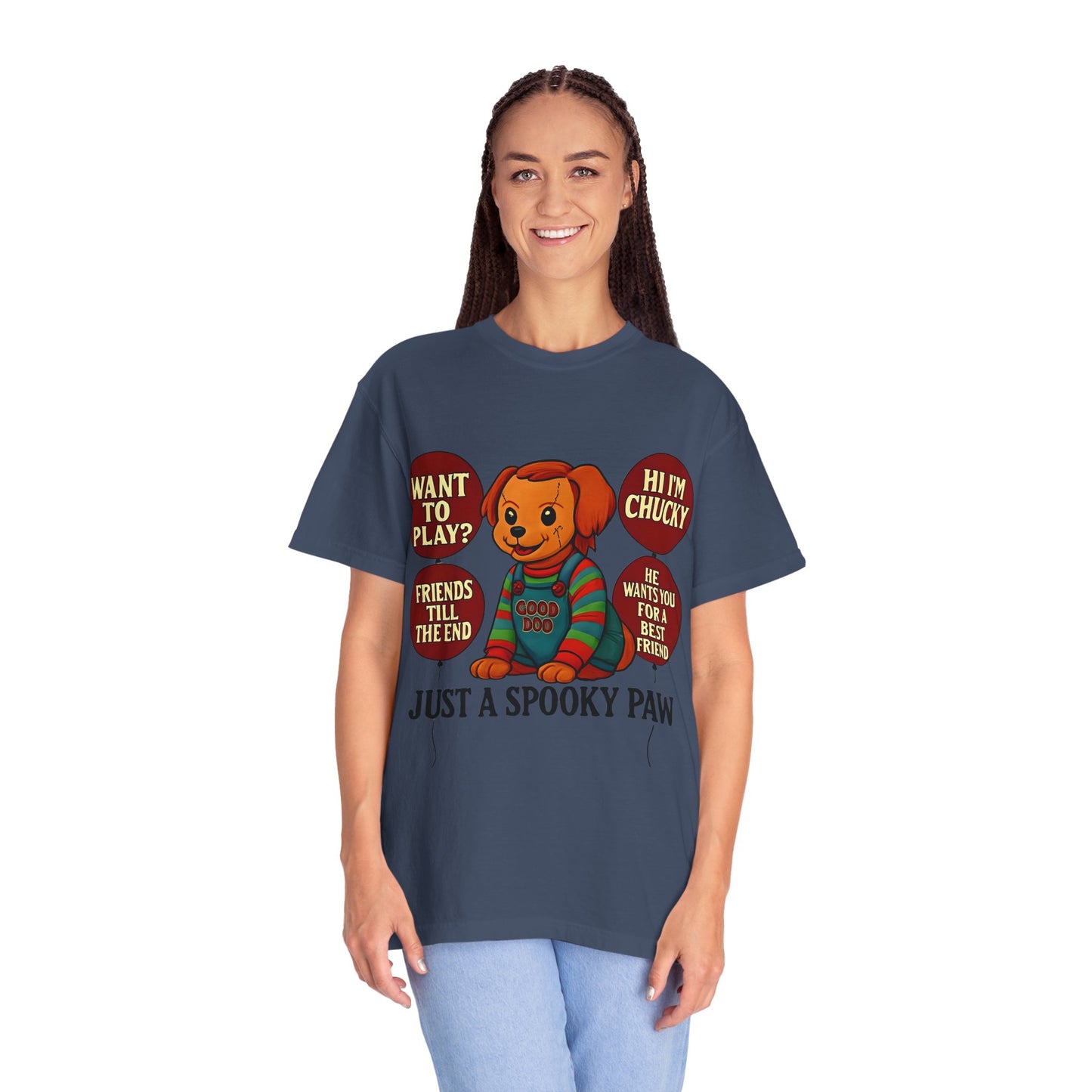 Spooky Graphic T-shirt, Halloween Costume Top, Unisex Tee, Funny Chucky Shirt, Gift for Horror Fans, Cute Spooky Apparel
