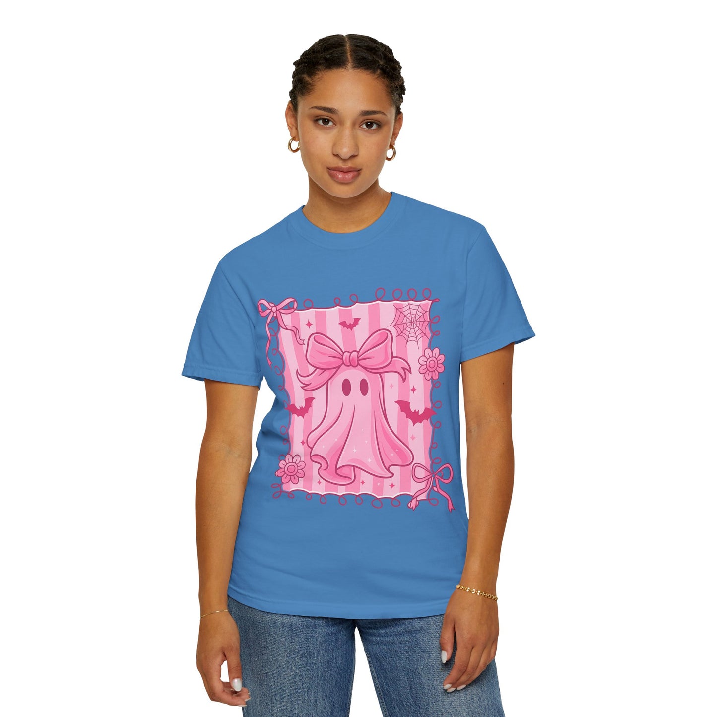 Cute Pink Ghost Graphic T-Shirt, Pink Halloween Tee, Unisex Garment-Dyed Top, Spooky Style for Fall, Trick or Treat Fashion
