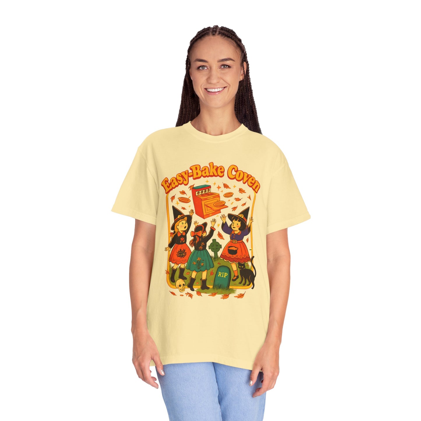 Halloween Witch T-Shirt, Unisex Garment-Dyed Shirt, Easy-Bake Coven Tee, Spooky Season Apparel, Cute Witch Design