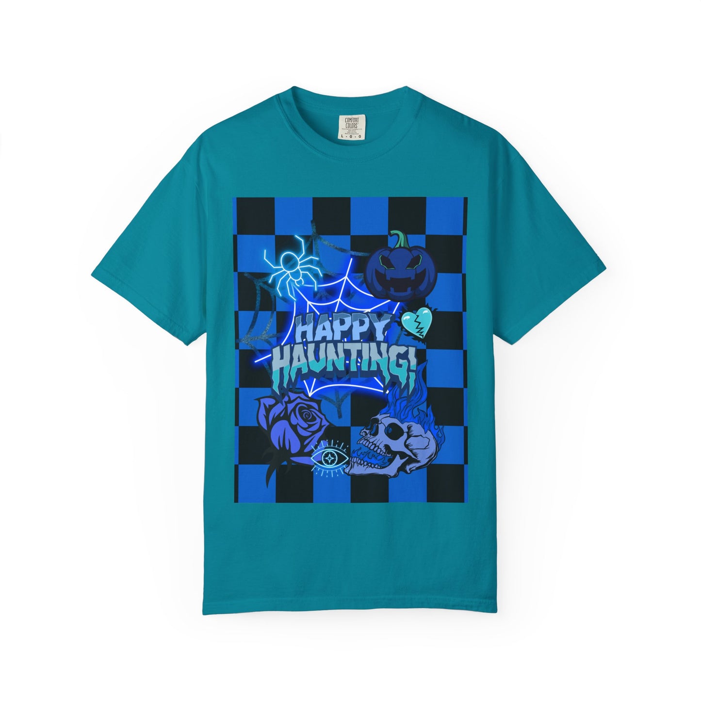 Happy Haunting Unisex Garment-Dyed T-shirt, Halloween Tee, Spooky Shirt, Fall Fashion, Casual Wear, Pumpkin Fest