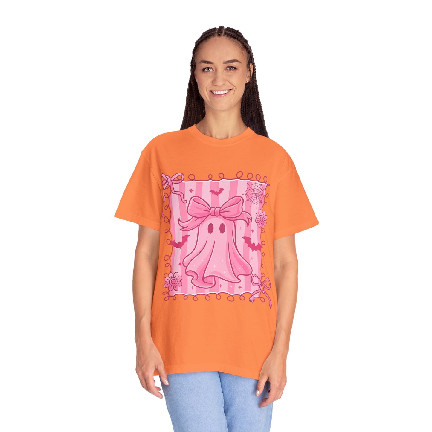 Cute Pink Ghost Graphic T-Shirt, Pink Halloween Tee, Unisex Garment-Dyed Top, Spooky Style for Fall, Trick or Treat Fashion