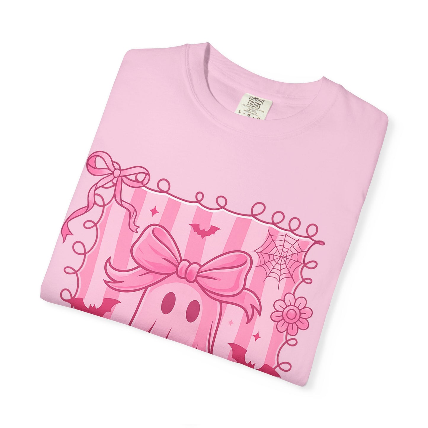 Cute Pink Ghost Graphic T-Shirt, Pink Halloween Tee, Unisex Garment-Dyed Top, Spooky Style for Fall, Trick or Treat Fashion