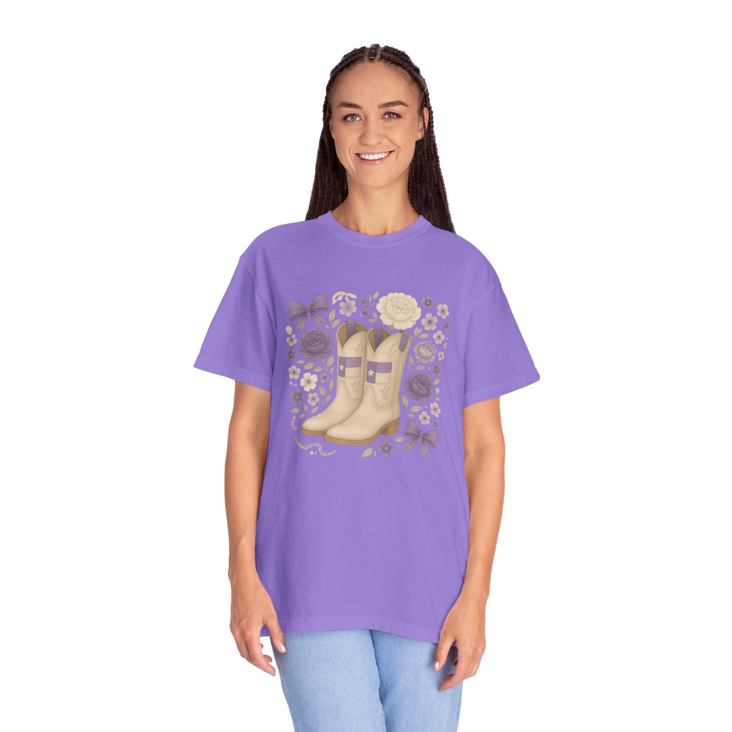 Whimsical Floral Boots Unisex T-Shirt | Casual Style, Gift for Her, Texas Christian University, TCU Frogs, Comfort Colors, Texas Fan gift, Graduation Gift
