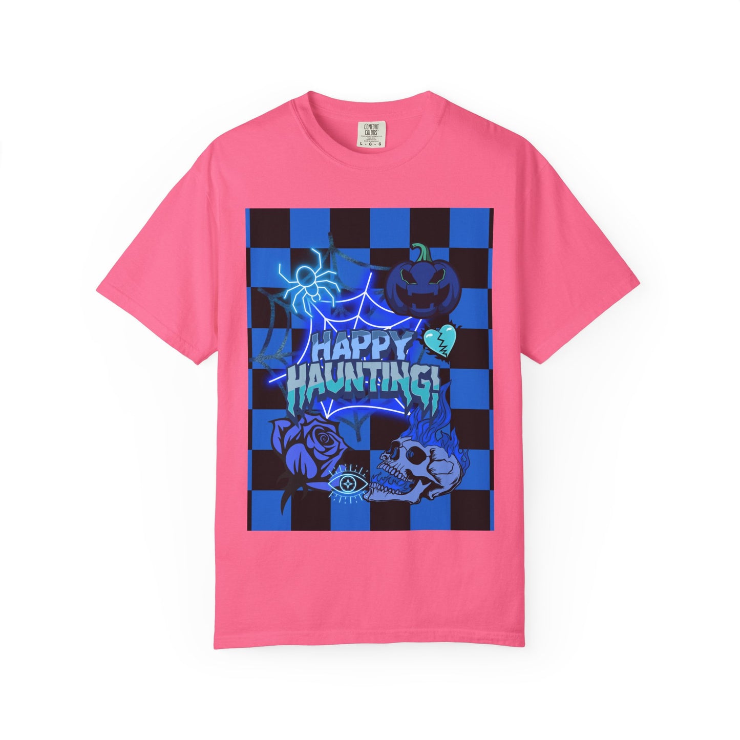 Happy Haunting Unisex Garment-Dyed T-shirt, Halloween Tee, Spooky Shirt, Fall Fashion, Casual Wear, Pumpkin Fest