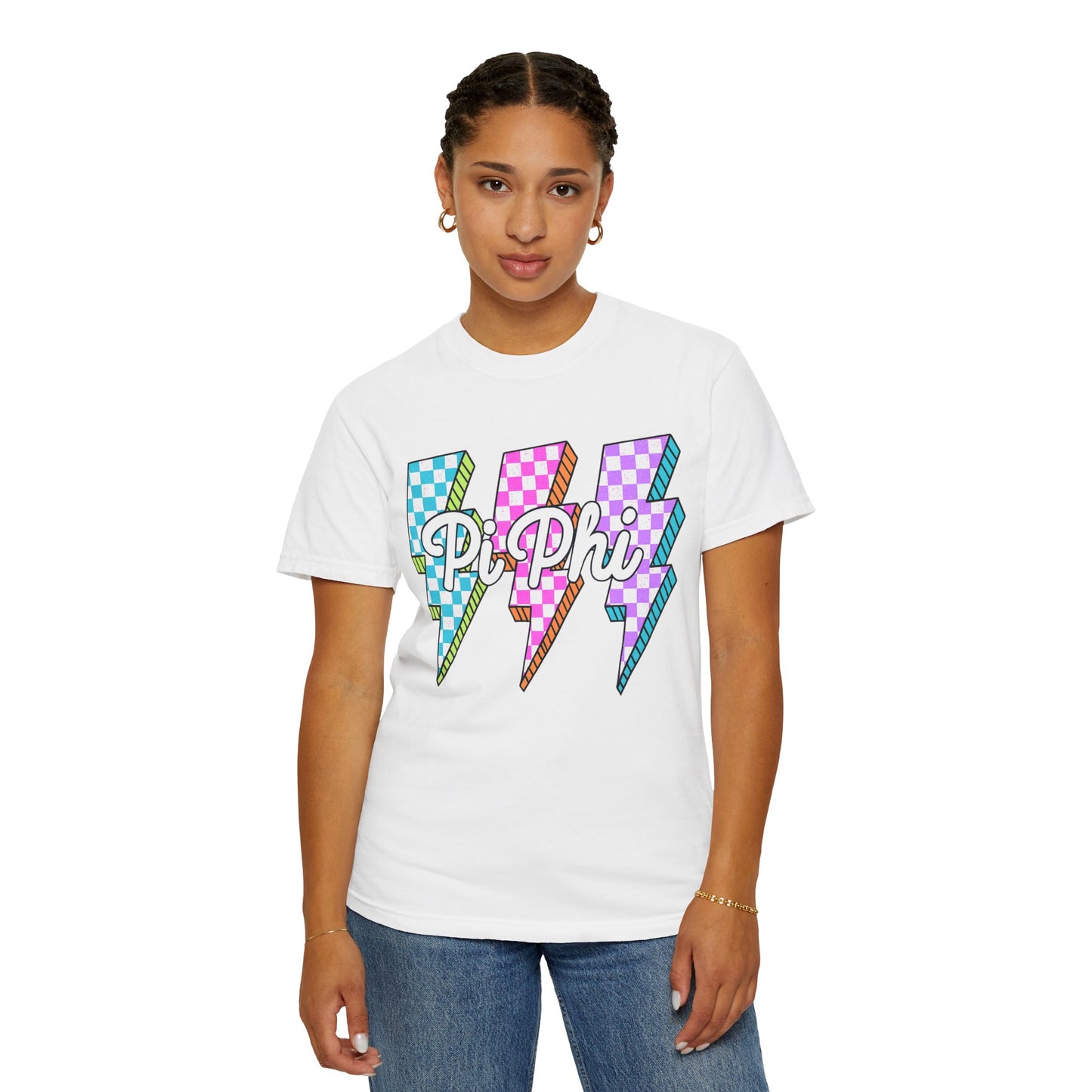 PB Phi Lightning Bolt Unisex T-shirt | Vibrant Greek Life Apparel, Unique Gift for Sorority Sisters, Casual Wear, Celebrating Sisterhood