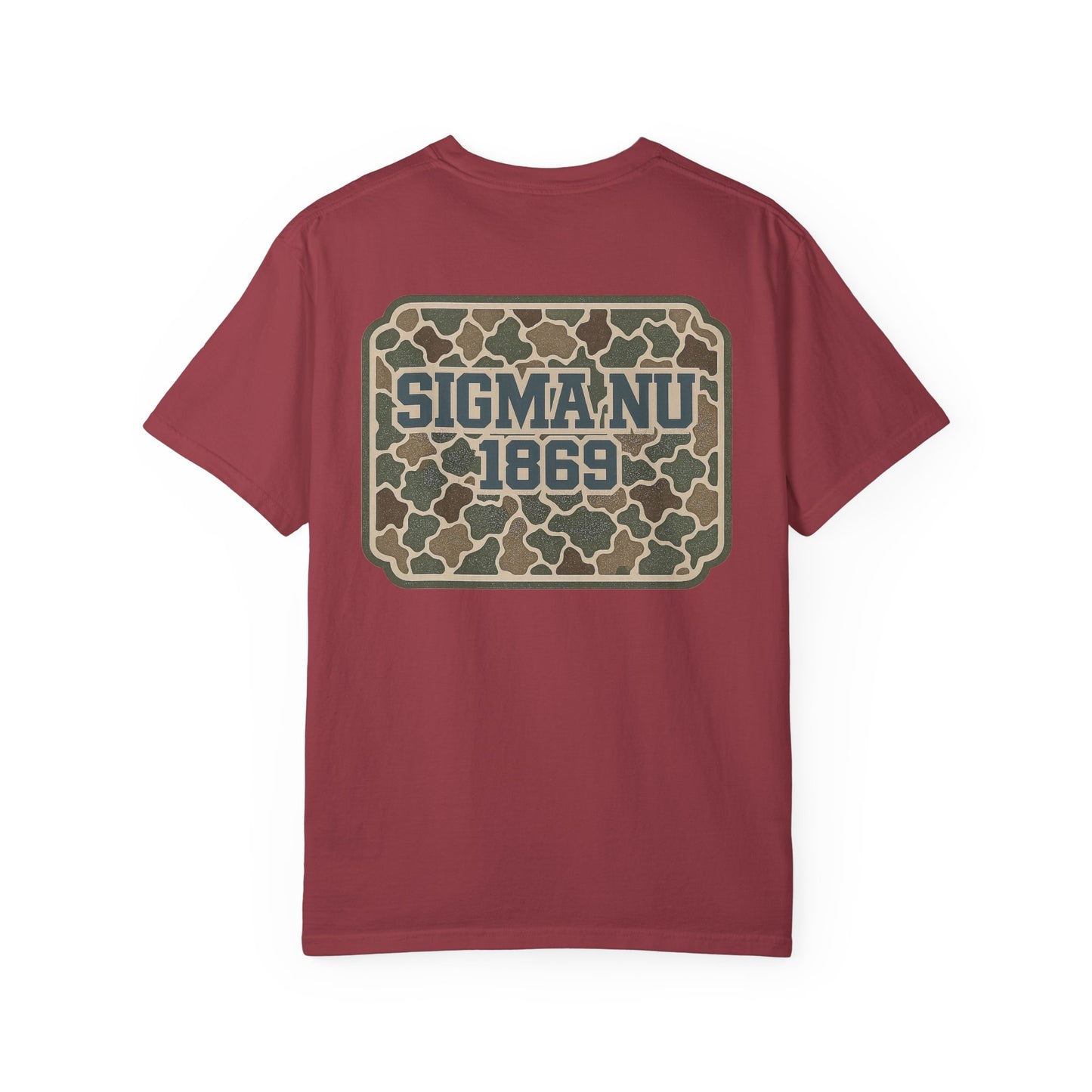SigmaNu Camouflage T-Shirt | Unisex Garment-Dyed Tee for Greek Life | Ideal for Fraternity Events, Casual Wear, Gifts, Game Days