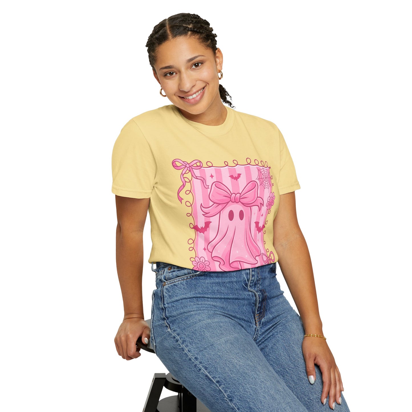 Cute Pink Ghost Graphic T-Shirt, Pink Halloween Tee, Unisex Garment-Dyed Top, Spooky Style for Fall, Trick or Treat Fashion