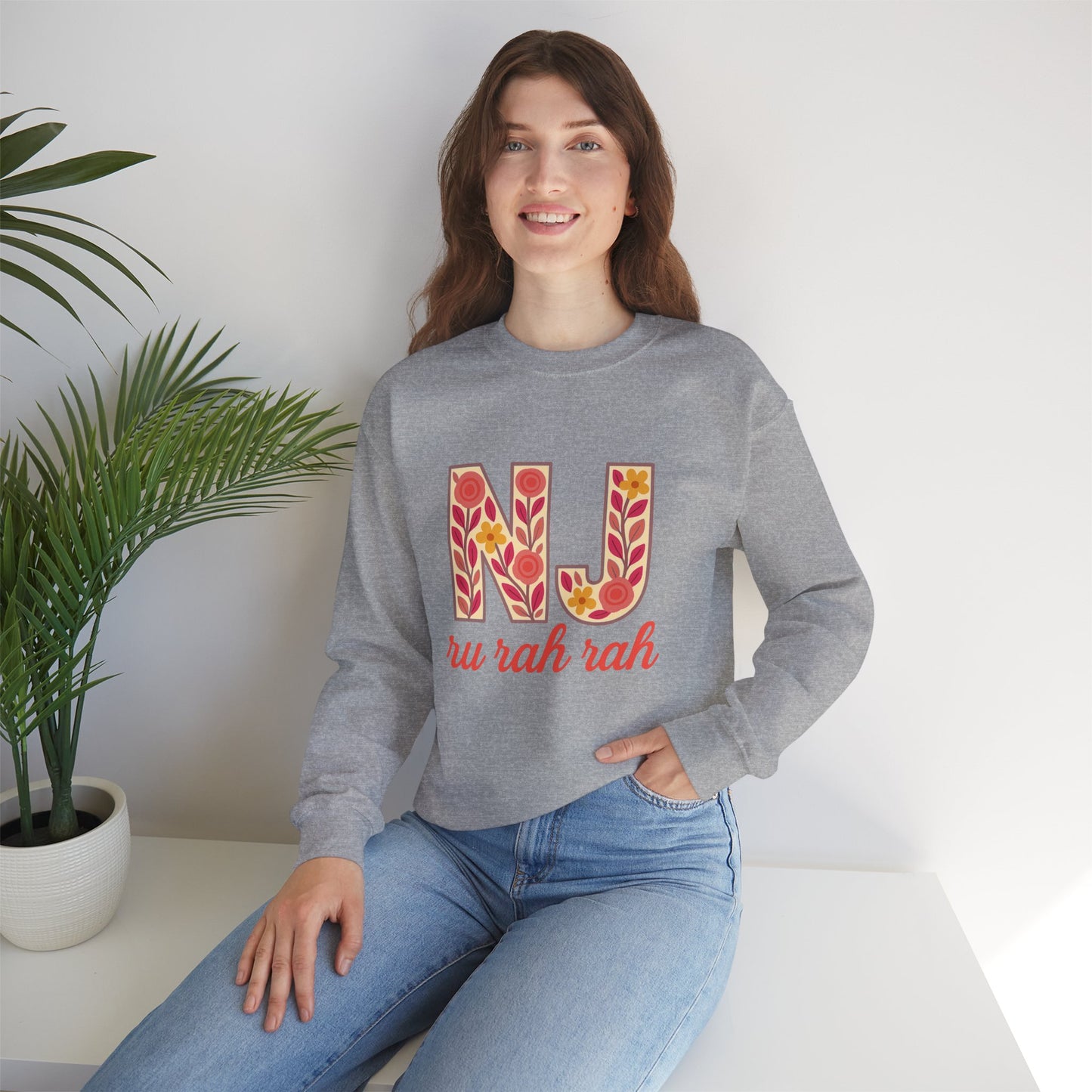 NJ Floral Pattern Crewneck Sweatshirt, Cozy Jersey, Casual Layer, Unique Gift, Fall Fashion, Unisex Apparel