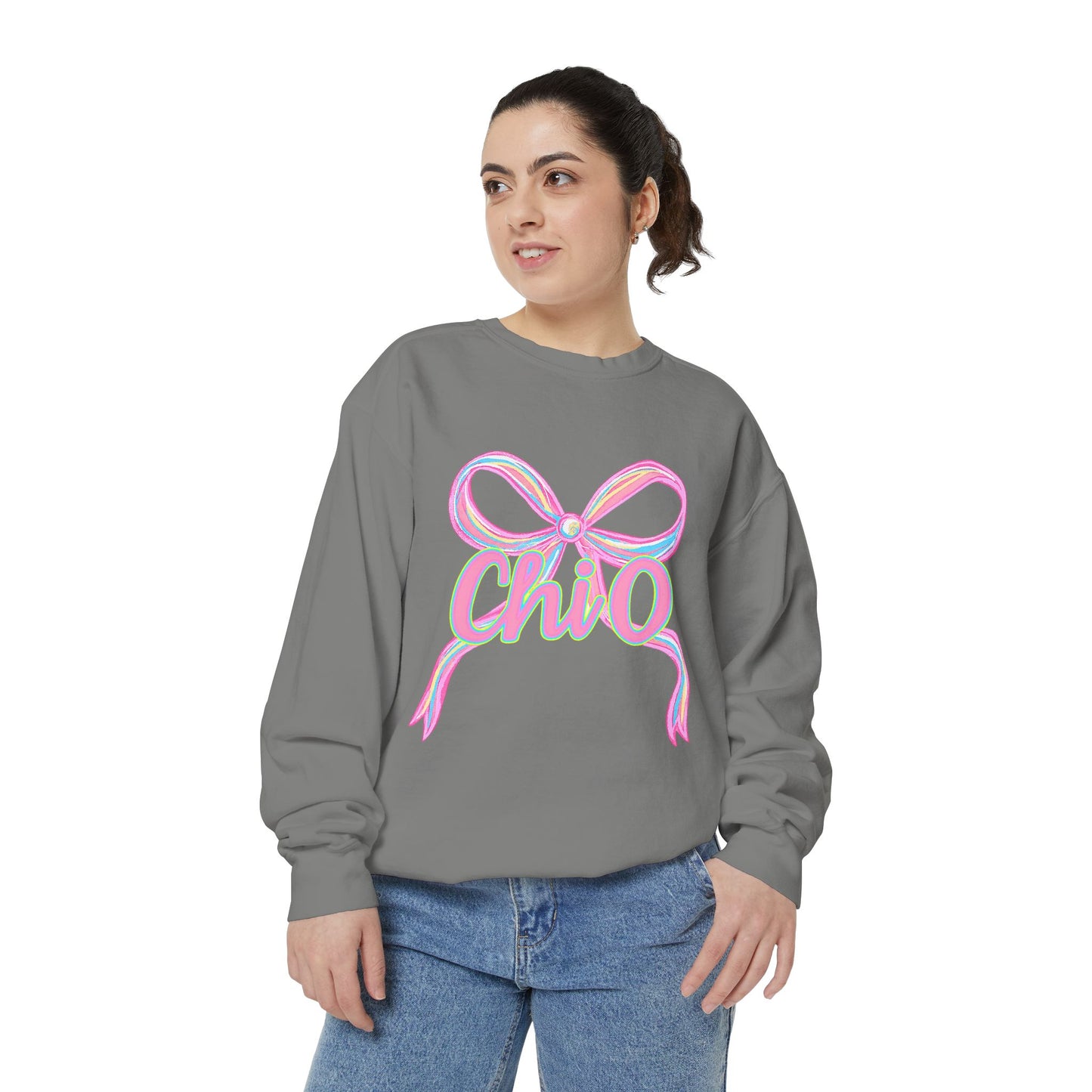 CHIO Chic Bow Graphic Unisex Garment-Dyed Sweatshirt, Cozy Pullover, Fashionable Gift, Casual Outfit, Spring Style, Trendy Apparel