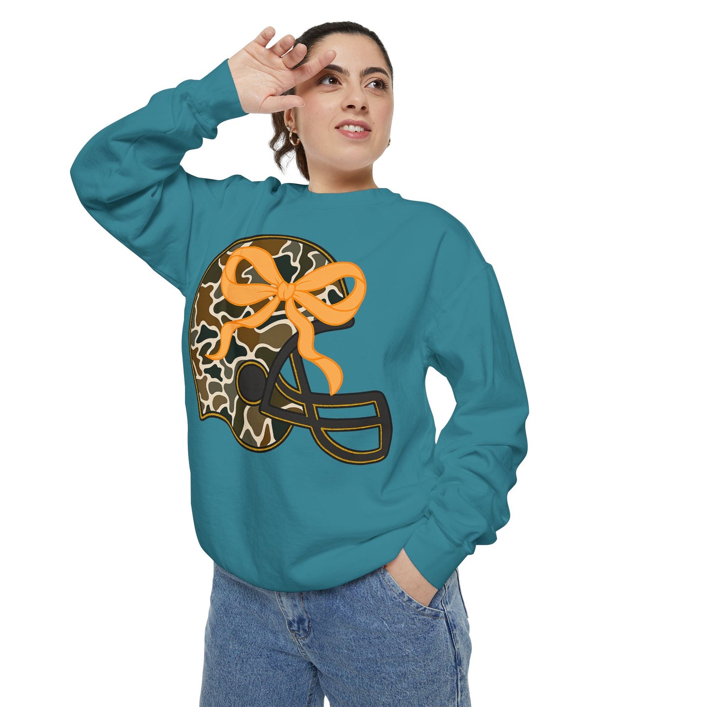 Comfort colors sweatshirt Camo Helmet Design, Casual Athletic Wear, Unisex Fall Fashion, Gift for Sports Fans