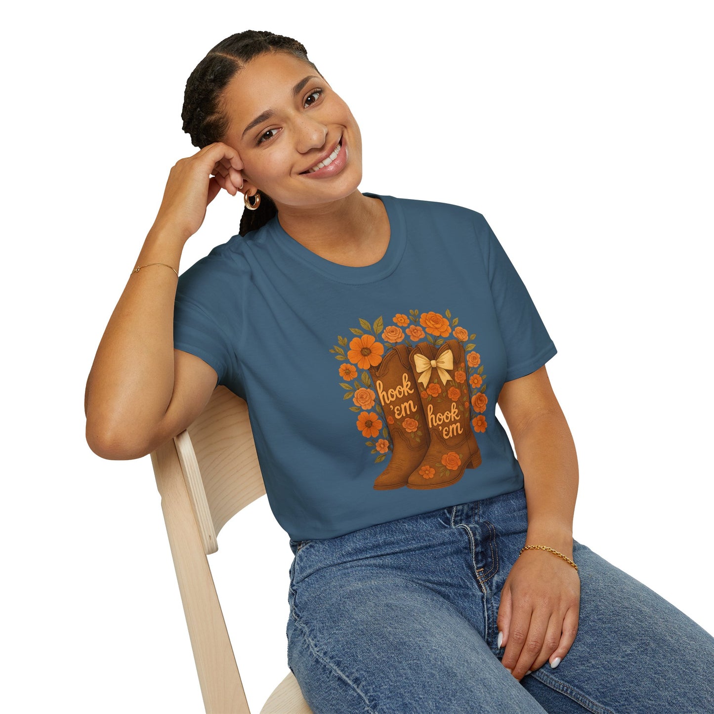 Tx Hook Em Floral Cowboy Boot T-Shirt, Hook 'Em Tee, Autumn Apparel, Country Style, Gift for Her, tx longhorns, texas fan gift, hook em horns, graduation gift, college student gift