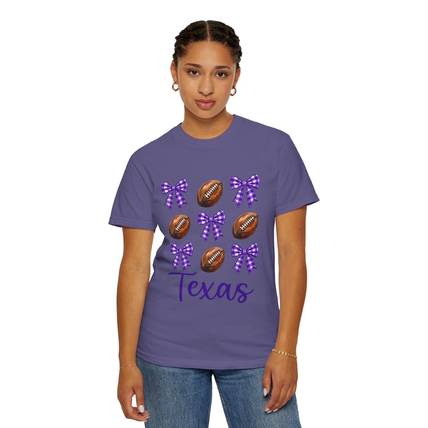 Texas Football Unisex T-Shirt with Purple Bows - Game Day Sports Apparel for Horned Frogs Fans