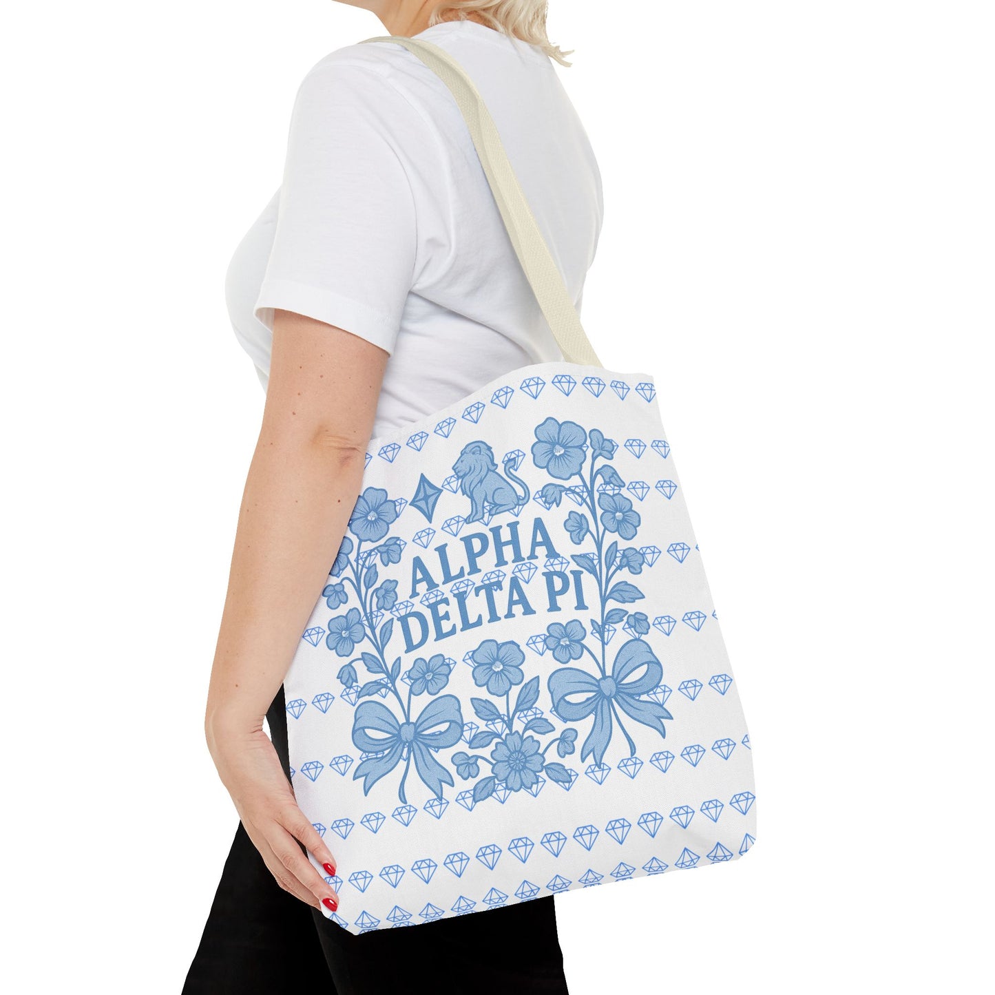 Alpha Delta Pi Floral Tote Bag - Stylish Sorority Accessory, Gift for College Students, Everyday Use, Blue Floral Design, AOP Style