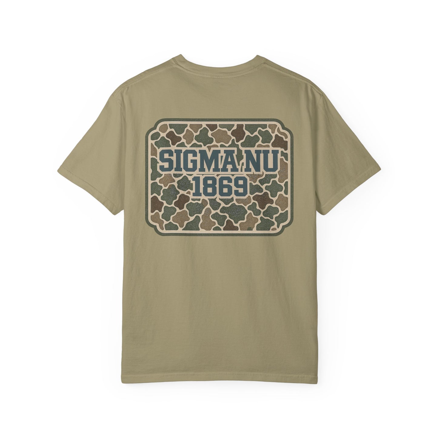 SigmaNu Camouflage T-Shirt | Unisex Garment-Dyed Tee for Greek Life | Ideal for Fraternity Events, Casual Wear, Gifts, Game Days
