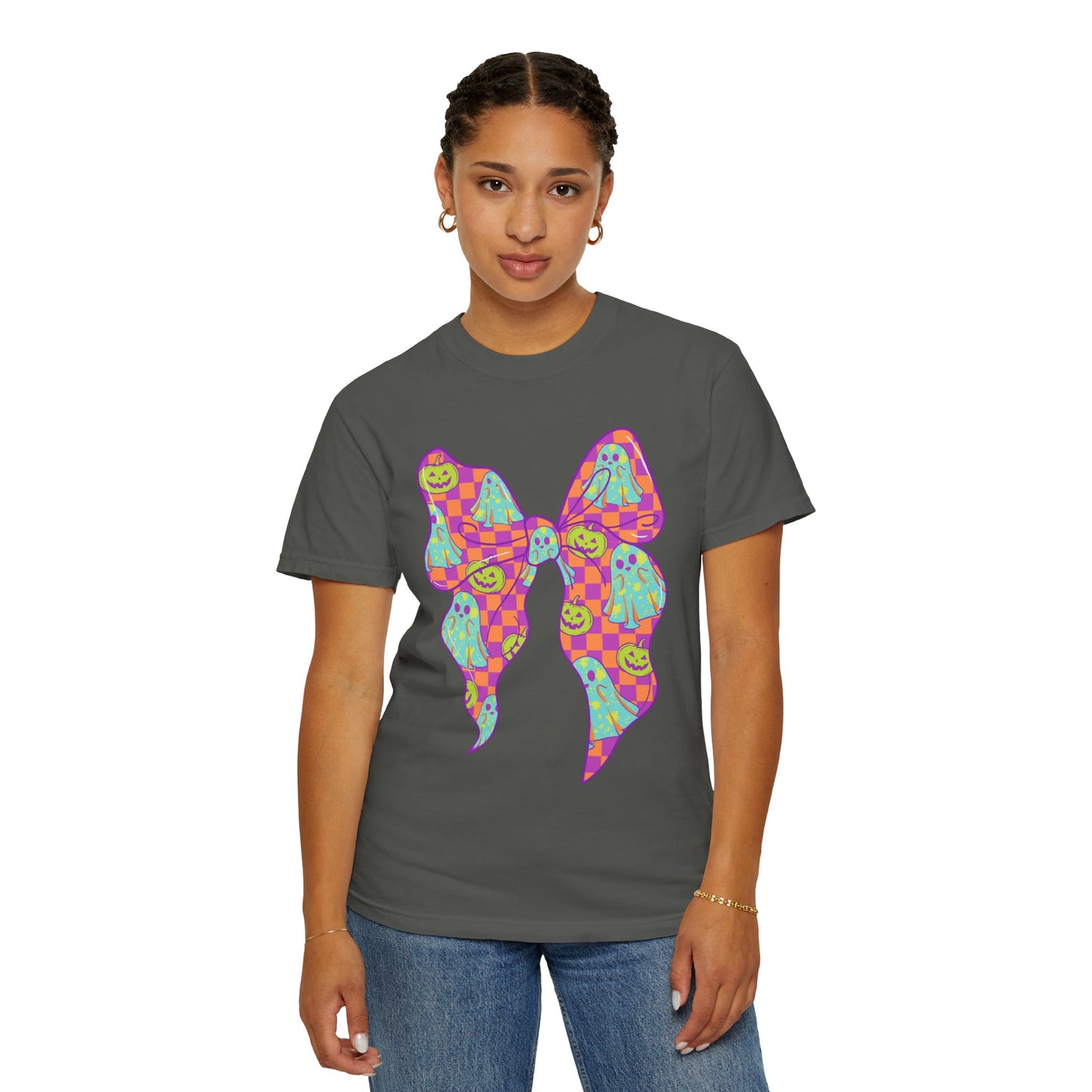 Neon Checkered Ghost Bow T-Shirt - Fun Lovers Halloween Unisex Tee