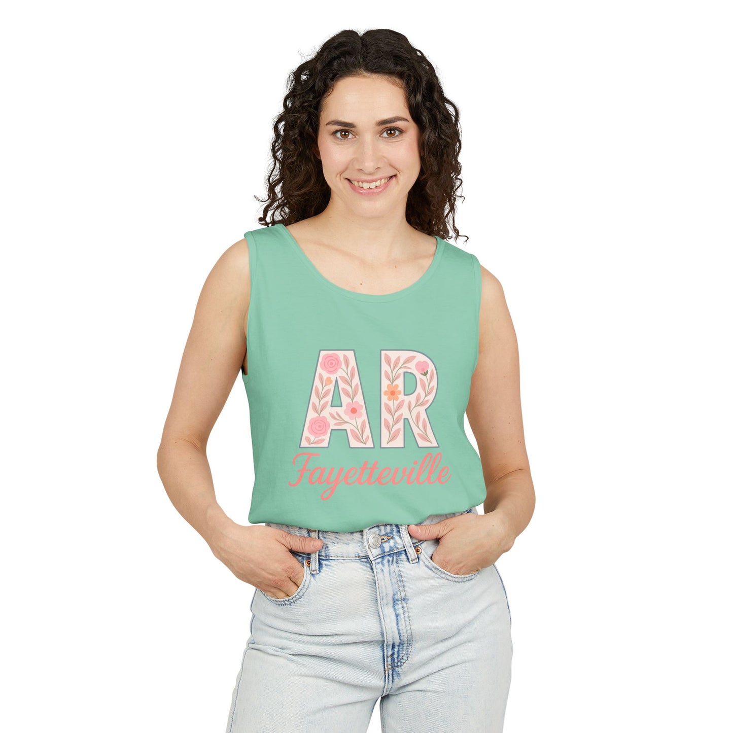 Fayetteville Floral Tank Top, Casual Summer Top, Gift for Her, Travel Apparel, Arkansas Style, Arkansas Student Gift, Graduation Gift, Comfort Colors