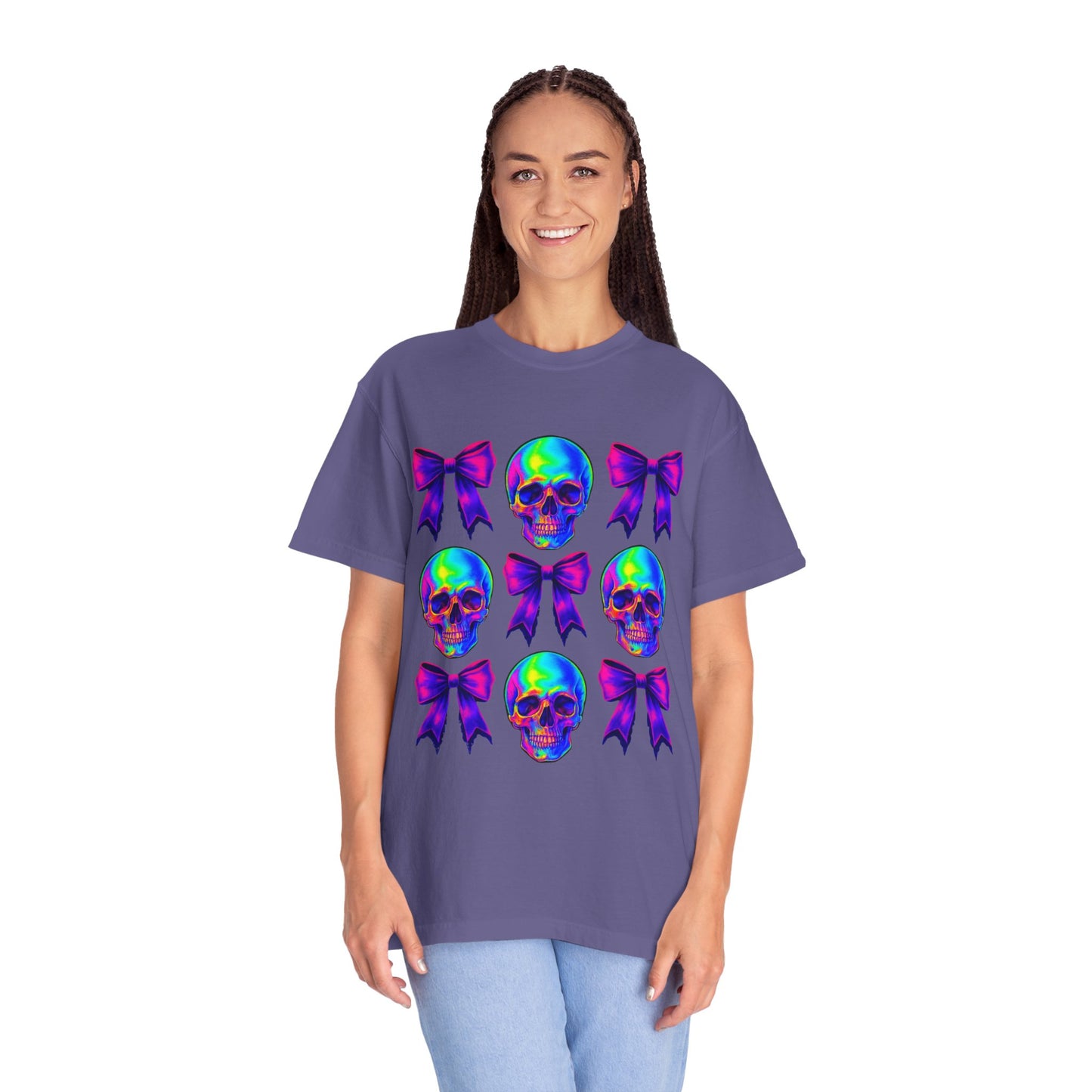Neon Skull and Bow Unisex T-Shirt | Trendy Graphic Tee for Halloween, Festivals, Casual Wear, Gifts