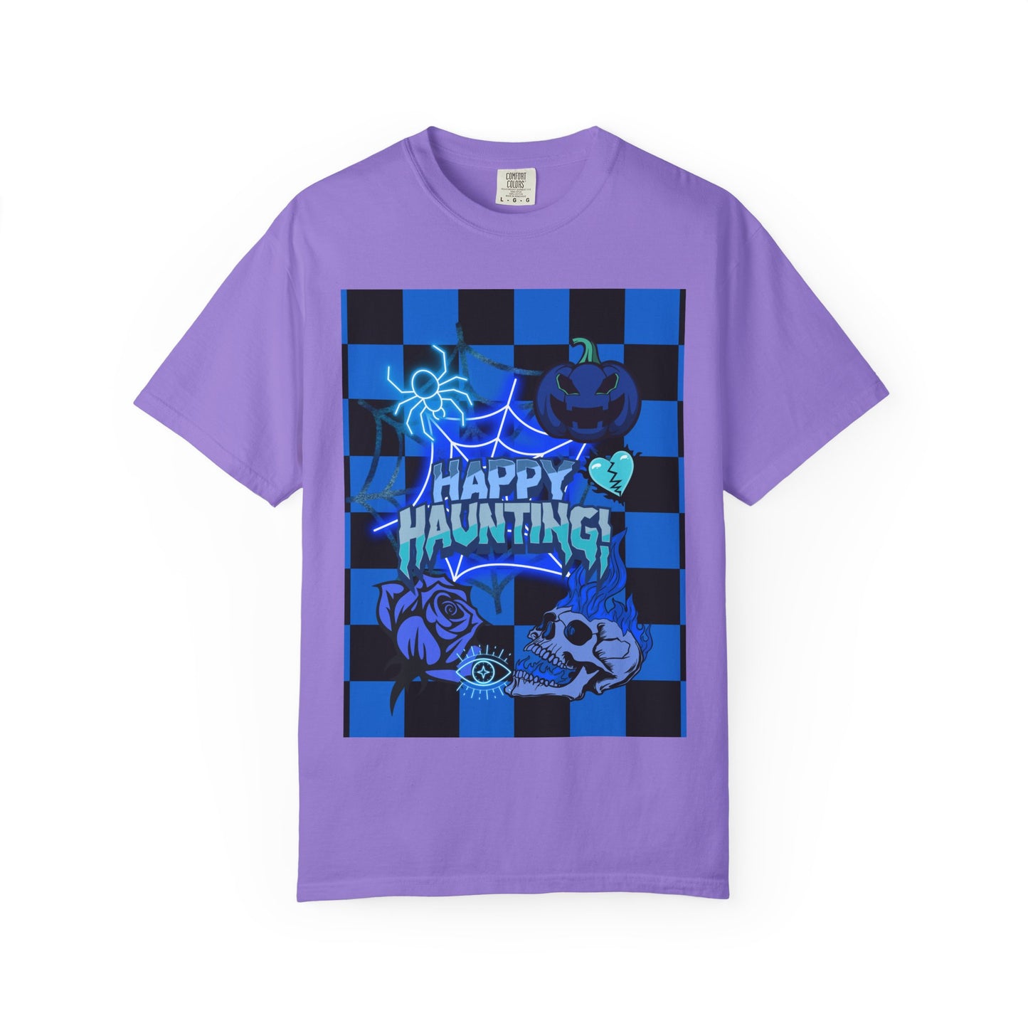 Happy Haunting Unisex Garment-Dyed T-shirt, Halloween Tee, Spooky Shirt, Fall Fashion, Casual Wear, Pumpkin Fest