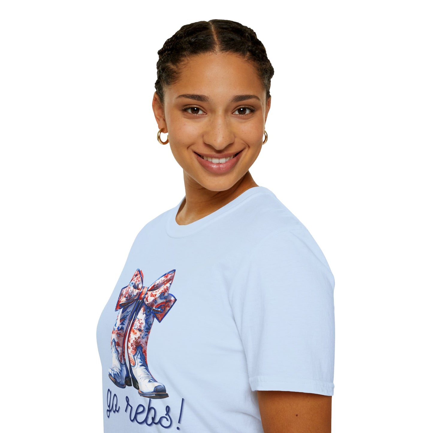 , go Rebs Cheerful Unisex Softstyle T-Shirt with Bow Design | Gift for Sports Fans, Casual Wear, Team Spirit, Game Day Shirt, Cheerleading Top
