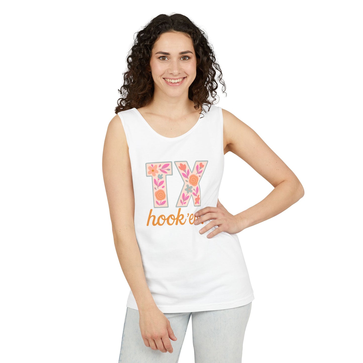 Texas Floral Hook 'Em Unisex Tank Top, Summer Vibe, Casual Wear, College Gear, Gift for Graduates, Texas Pride Apparel, Comfort Colors, Graduation Gift