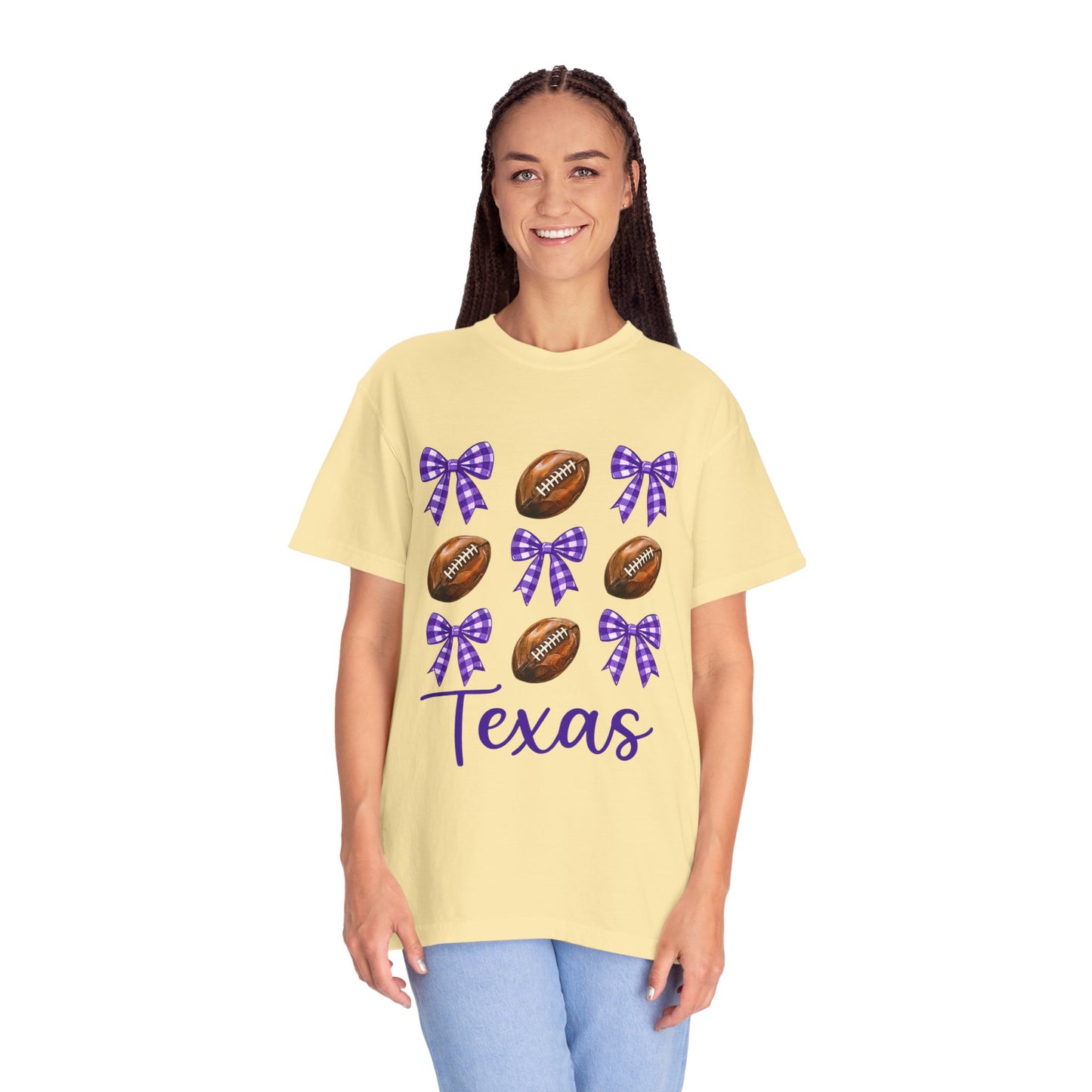 Texas Football Unisex T-Shirt with Purple Bows - Game Day Sports Apparel for Horned Frogs Fans