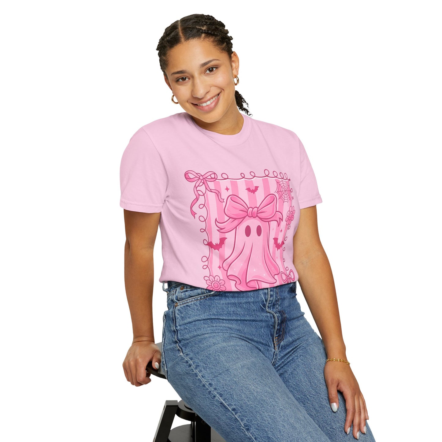 Cute Pink Ghost Graphic T-Shirt, Pink Halloween Tee, Unisex Garment-Dyed Top, Spooky Style for Fall, Trick or Treat Fashion