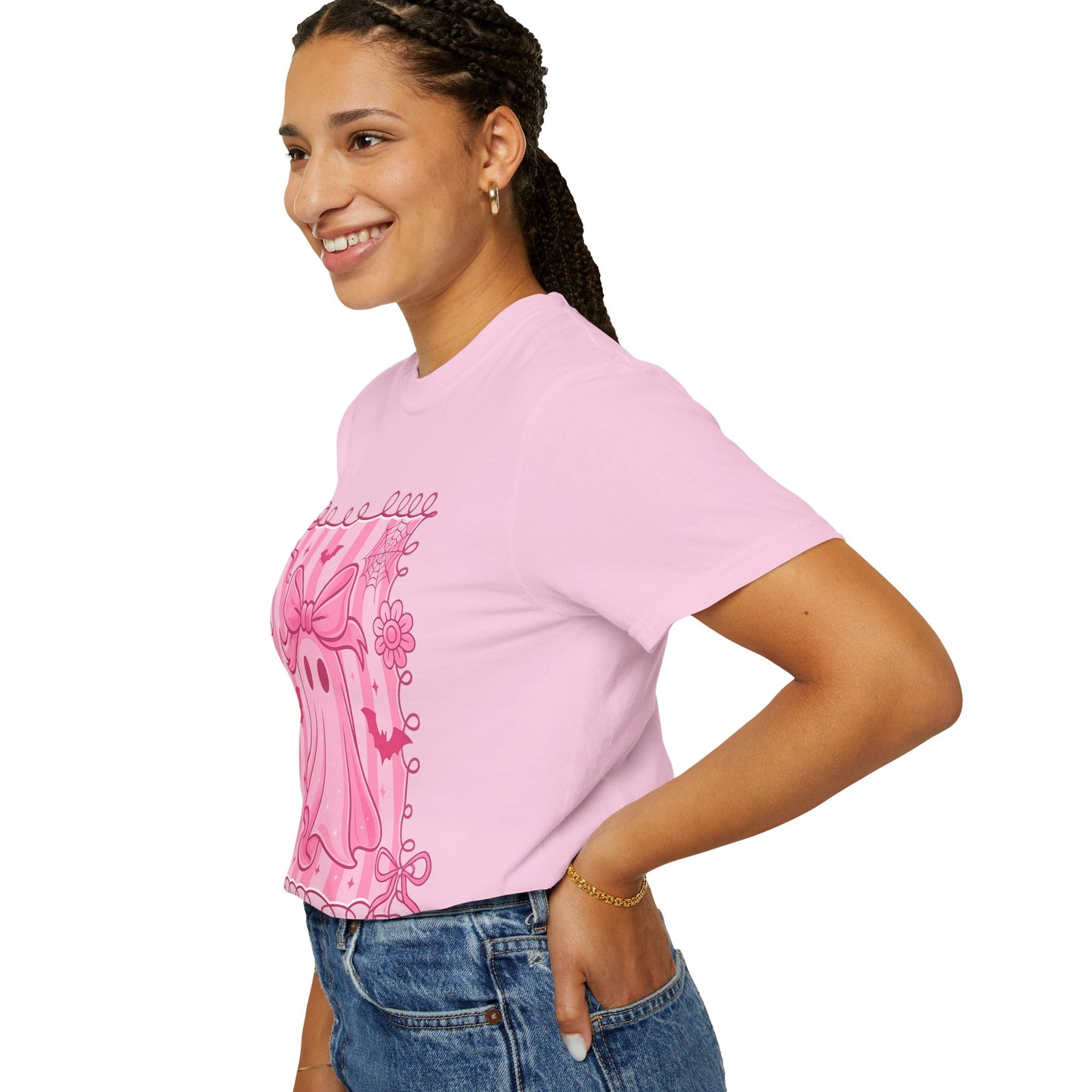 Cute Pink Ghost Graphic T-Shirt, Pink Halloween Tee, Unisex Garment-Dyed Top, Spooky Style for Fall, Trick or Treat Fashion