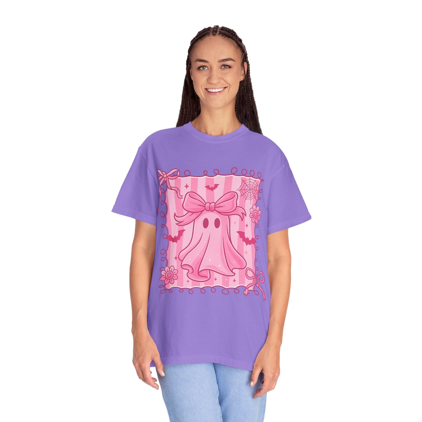 Cute Pink Ghost Graphic T-Shirt, Pink Halloween Tee, Unisex Garment-Dyed Top, Spooky Style for Fall, Trick or Treat Fashion