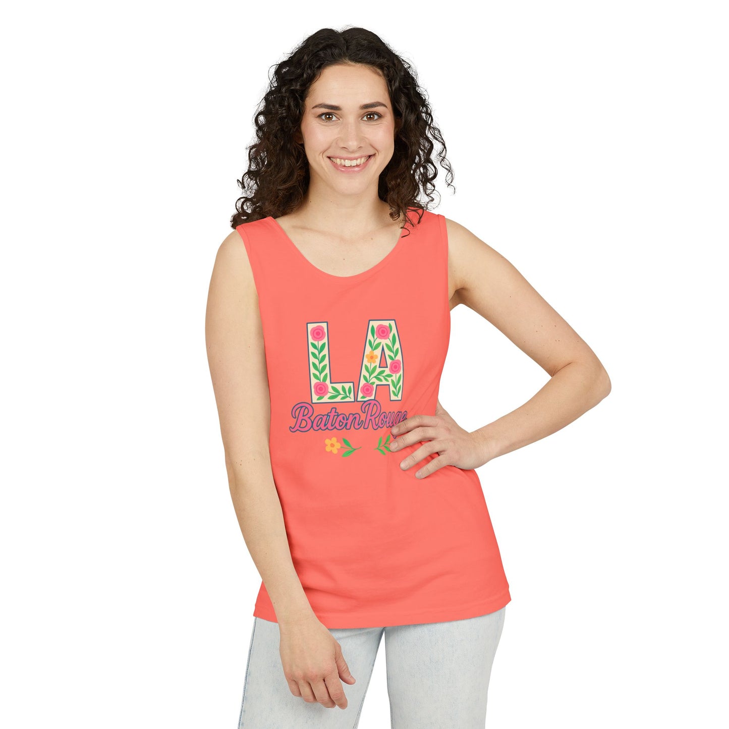 LA Baton Rouge Floral Tank Top, Summer Vibes, Unisex Apparel, Gift for Friends, Vacation Outfit, Spring/Summer Wear, Comfort Colors, Graduation Gift