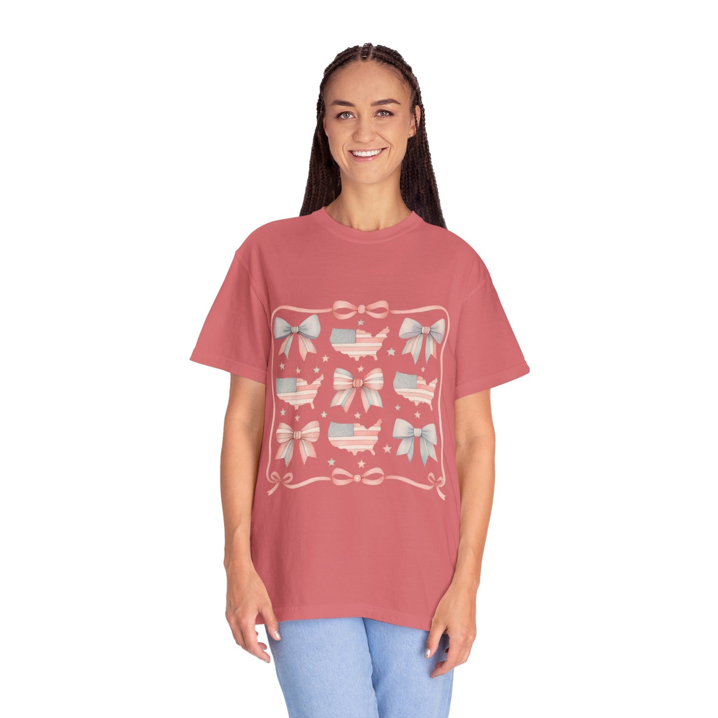 America Coquette Cute Bow Pattern Comfort Colors Unisex T-Shirt - 4th of July USA Celebration