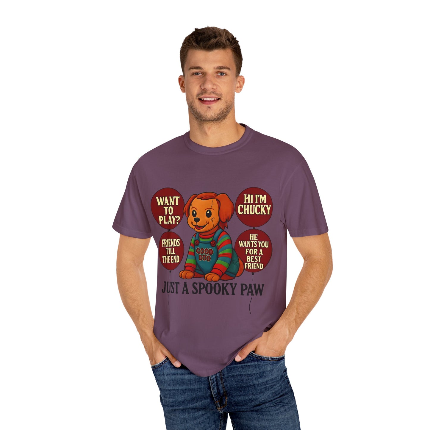 Spooky Graphic T-shirt, Halloween Costume Top, Unisex Tee, Funny Chucky Shirt, Gift for Horror Fans, Cute Spooky Apparel