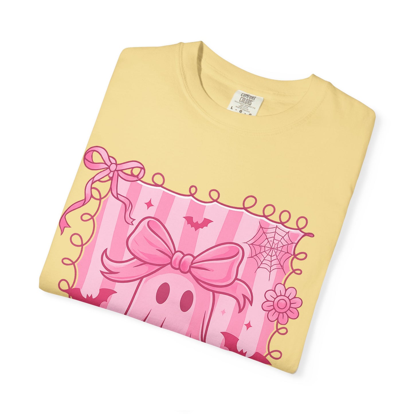 Cute Pink Ghost Graphic T-Shirt, Pink Halloween Tee, Unisex Garment-Dyed Top, Spooky Style for Fall, Trick or Treat Fashion