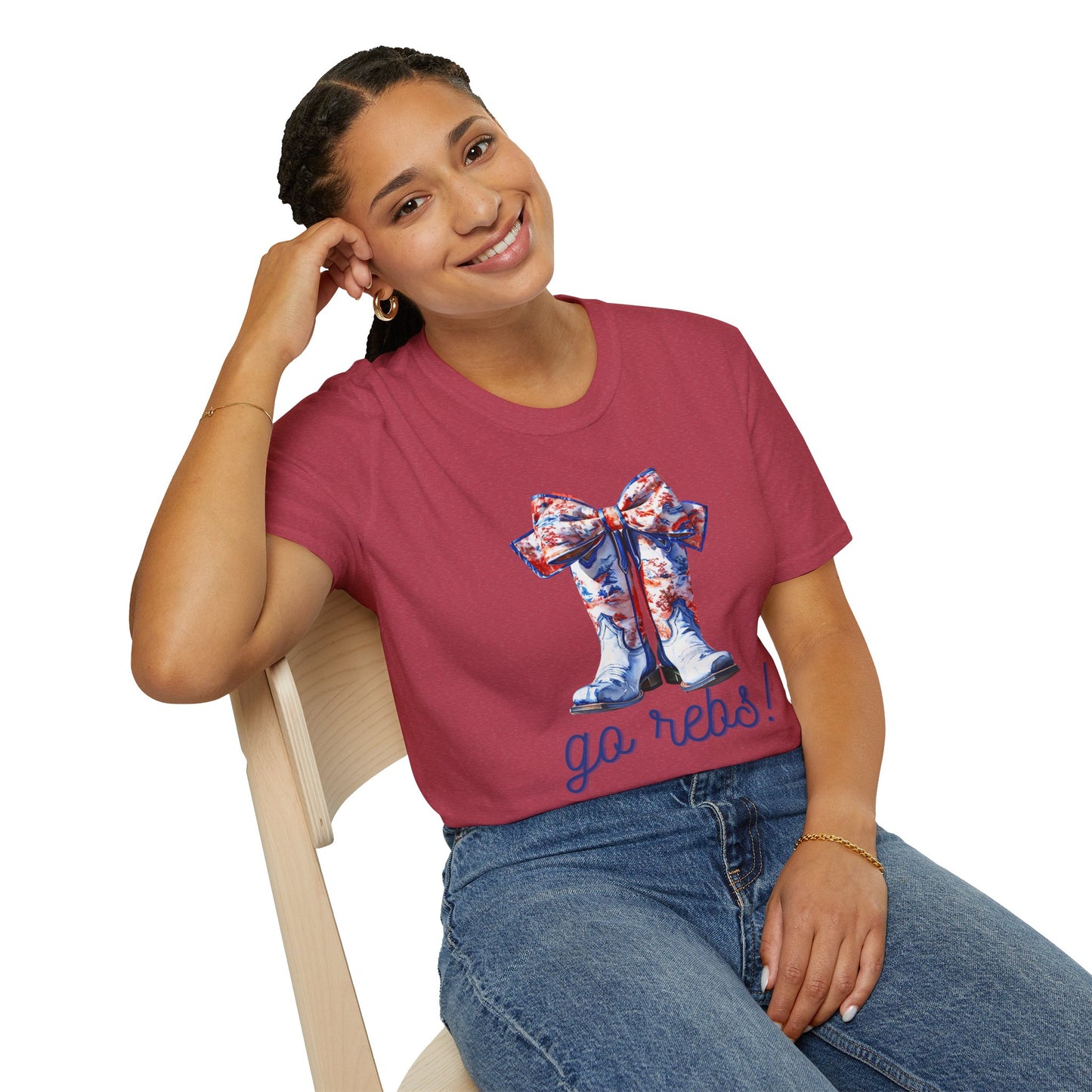, go Rebs Cheerful Unisex Softstyle T-Shirt with Bow Design | Gift for Sports Fans, Casual Wear, Team Spirit, Game Day Shirt, Cheerleading Top